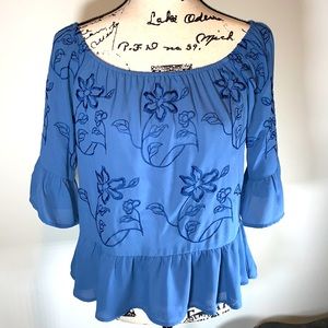 Candie’s Ruffled Blouse Blue Embroidered Floral Motif